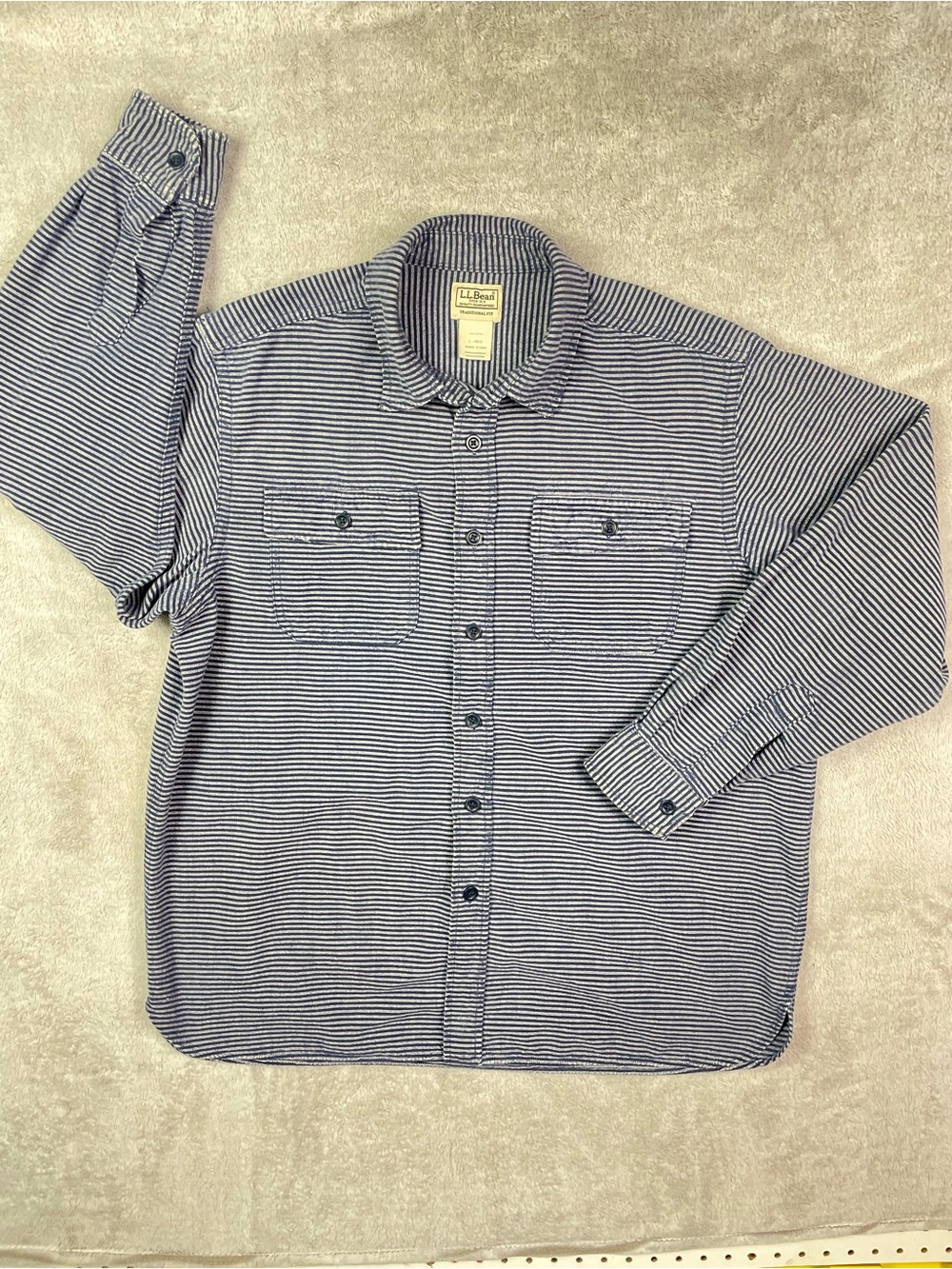 LL Bean Men's Large Regular Collard Button Up Shirt Blue Striped Cotton Casual